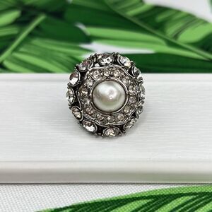 White House Black Market Pearl Faux Diamond Halo Silver Cluster Ring